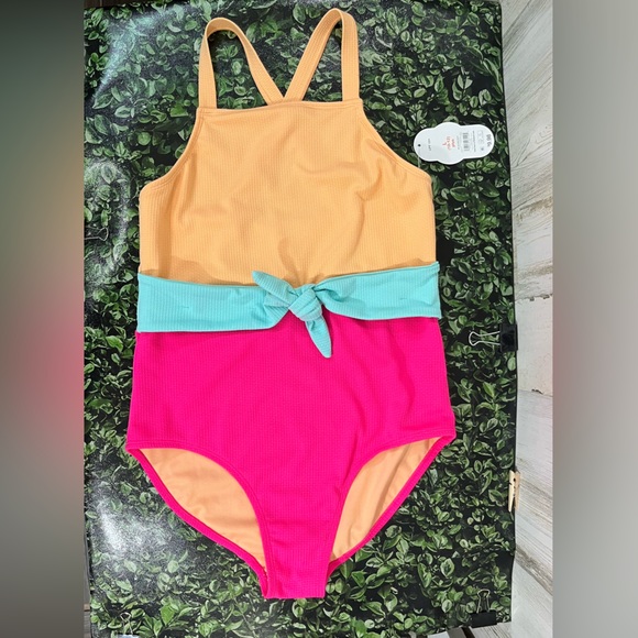 Wonder Nation ColorBlock Tie Waist One Piece Swimsuit 10/12 Plus Pink Orange - Picture 2 of 11